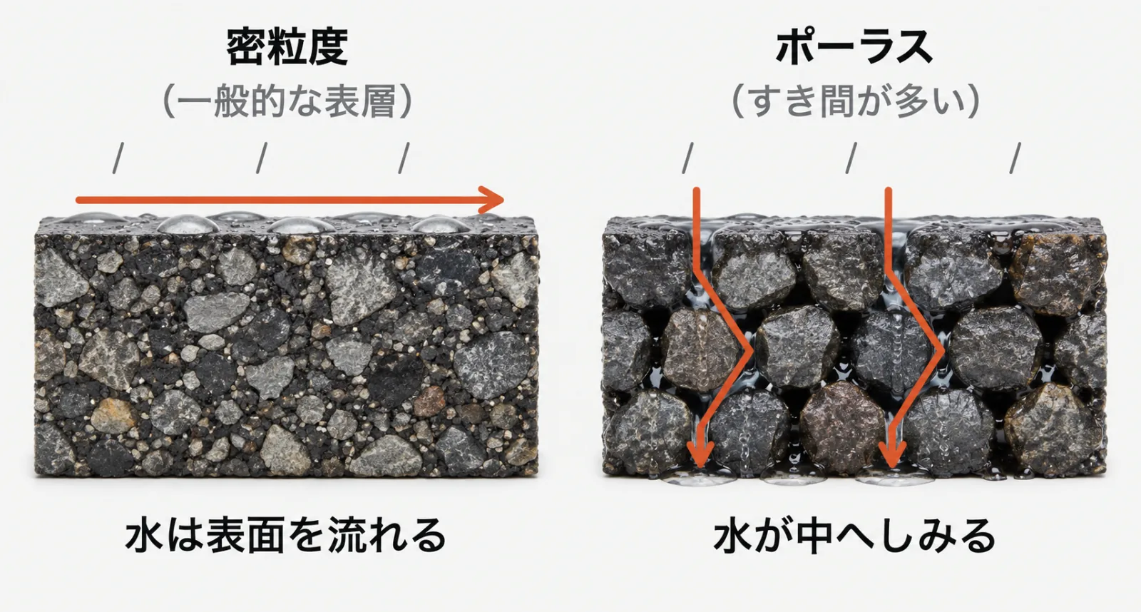 アスファルトの断面の拡大図の比較。左の密粒度は大小の粒がすき間なく詰まり、雨水は表面を横に流れる。右のポーラスは粒の間にすき間があり、雨水が中へしみ込む。