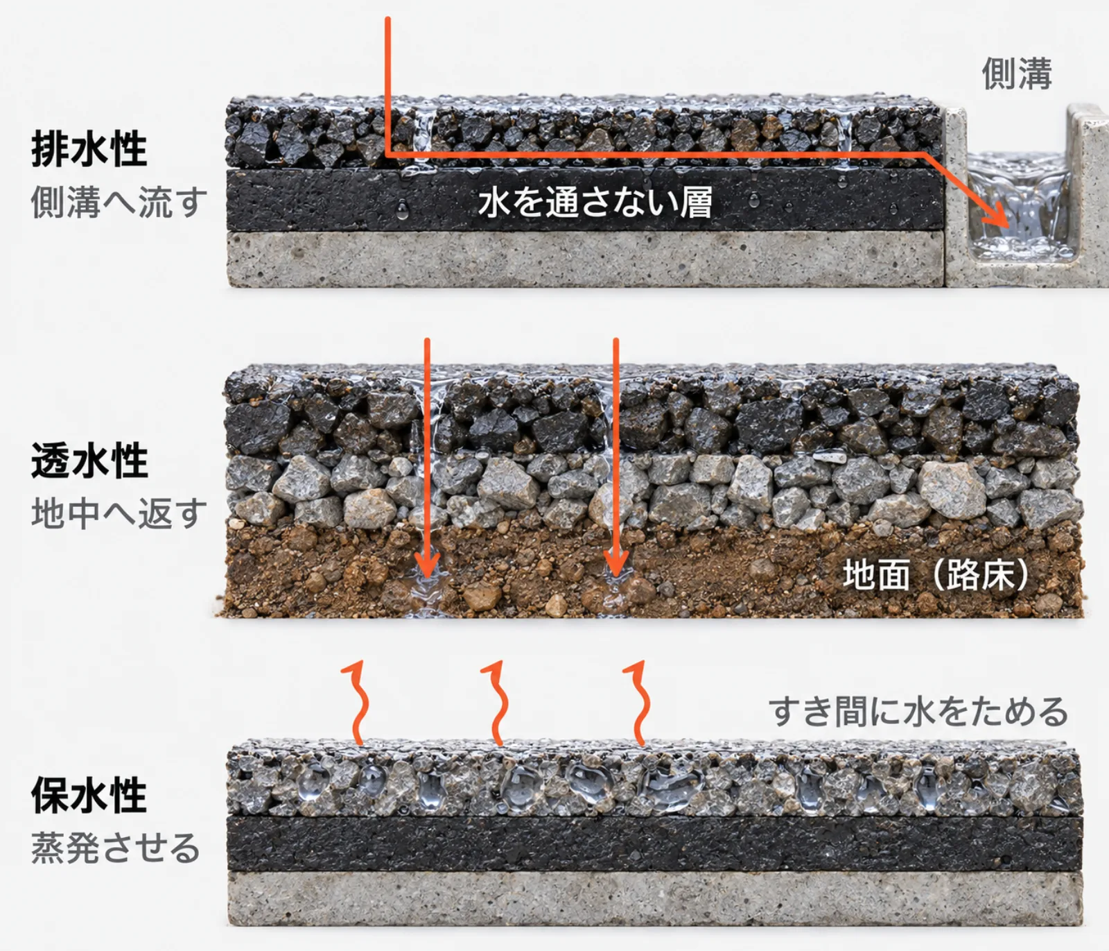水を通すアスファルト舗装3種類の断面。排水性舗装は、表層にしみた雨水が水を通さない基層の上を流れて側溝へ出る。透水性舗装は、雨水が舗装の下の地面までしみ込む。保水性舗装は、表層のすき間にためた水が蒸発する。