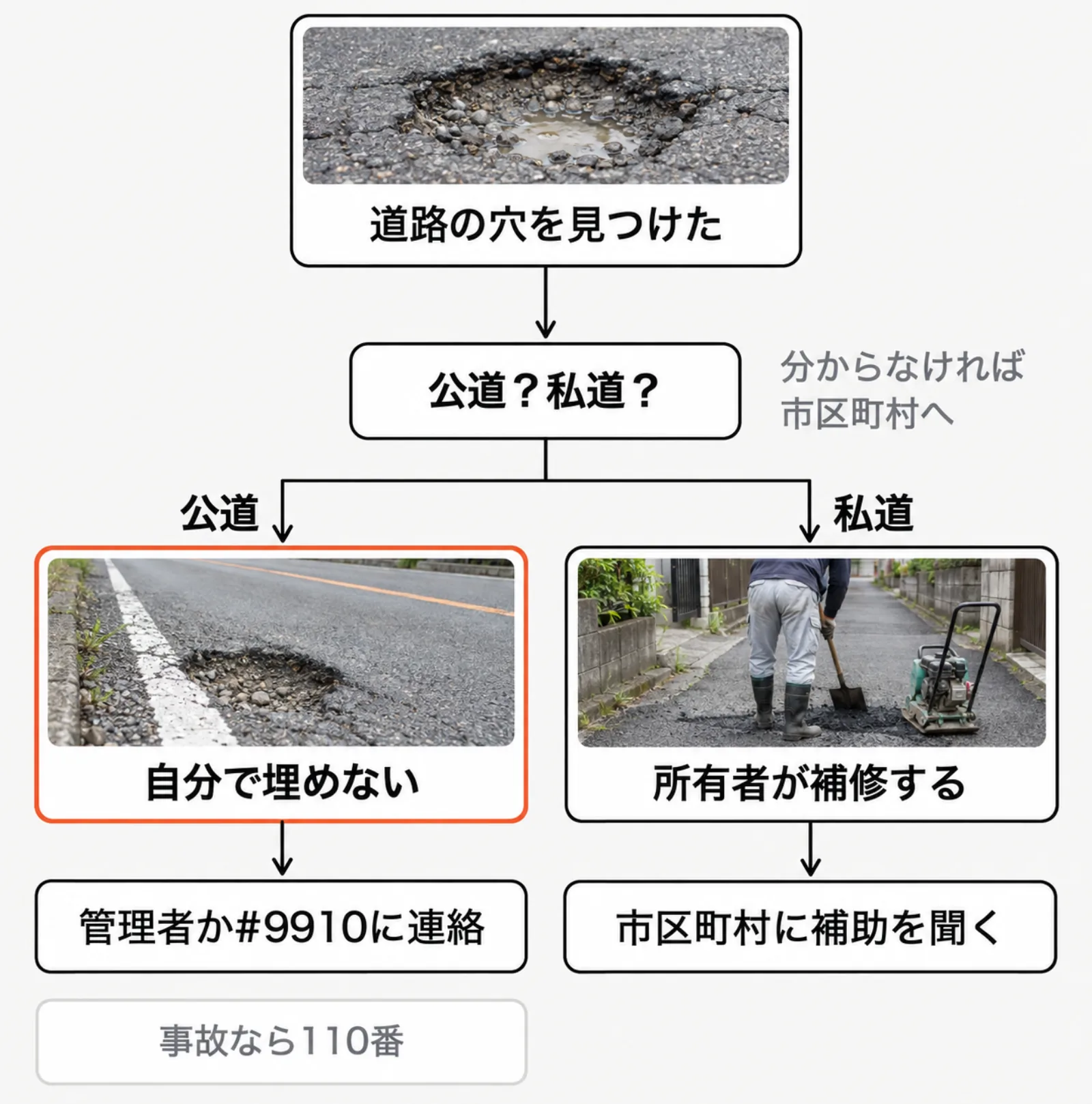 道路の穴を見つけたときの流れ図。公道なら自分で埋めずに、道路の管理者か#9910に連絡する。事故なら110番。私道なら所有者が補修し、市区町村に補助の制度を聞く。公道か私道か分からなければ市区町村に聞く。