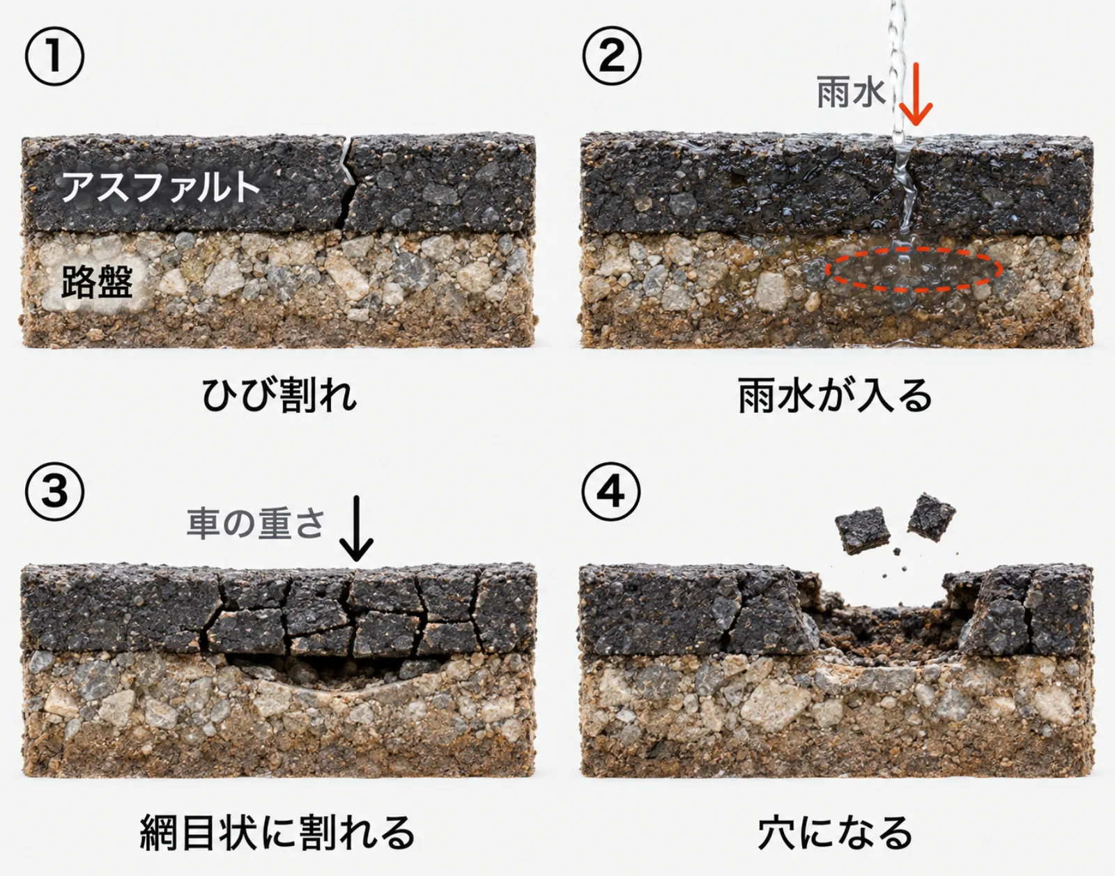 舗装の断面図が4つ並んでいる。1はアスファルトの表面にひび割れができた状態。2はひび割れから雨水が入り、下の路盤にしみ込んだ状態。3は車の重さがくり返しかかり、ひび割れが網目状に広がって、舗装の下にすき間ができた状態。4は割れた舗装のかけらがはがれて穴になった状態。