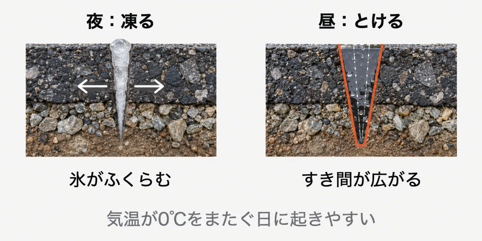 ひび割れの中を拡大した断面図が左右に2つ並んでいる。左の「夜:凍る」では、すき間の水が氷になってふくらみ、すき間を外側へ押し広げている。右の「昼:とける」では、氷がとけたあともすき間は広がったままで、底に水が残っている。下に「気温が0℃をまたぐ日に起きやすい」と書かれている。