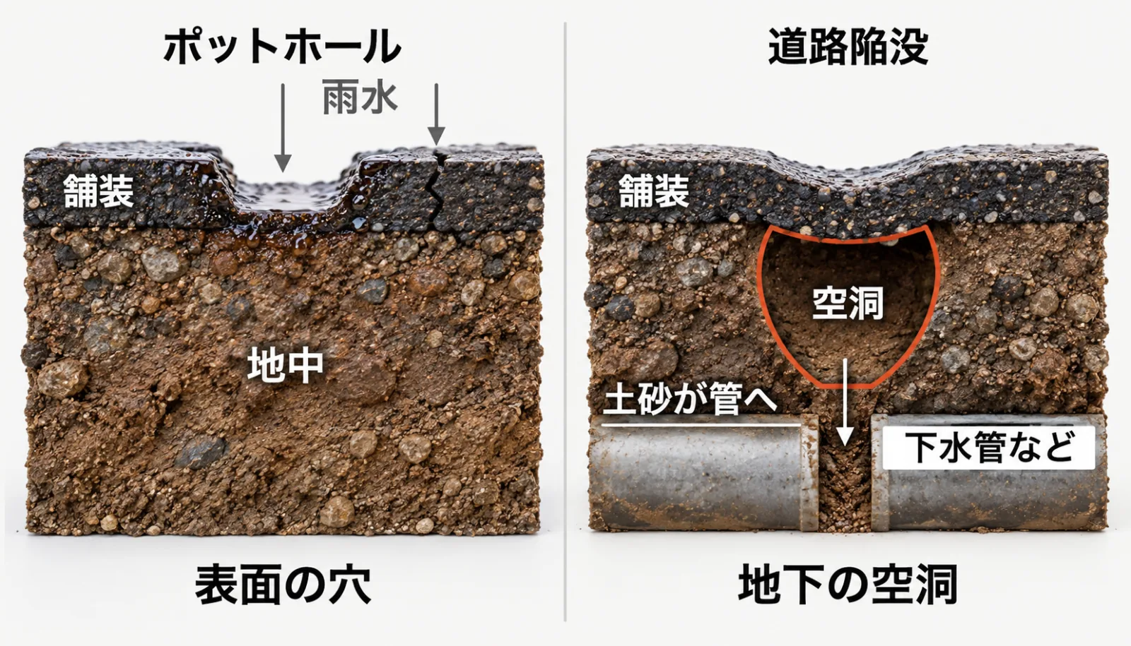 左はポットホールの断面で、雨水がひび割れから入り、表面の舗装だけが崩れて穴になっている。右は道路陥没の断面で、地中の下水管などの継ぎ目へ土砂が流れ込み、舗装の下に空洞ができて路面が落ち込み始めている。