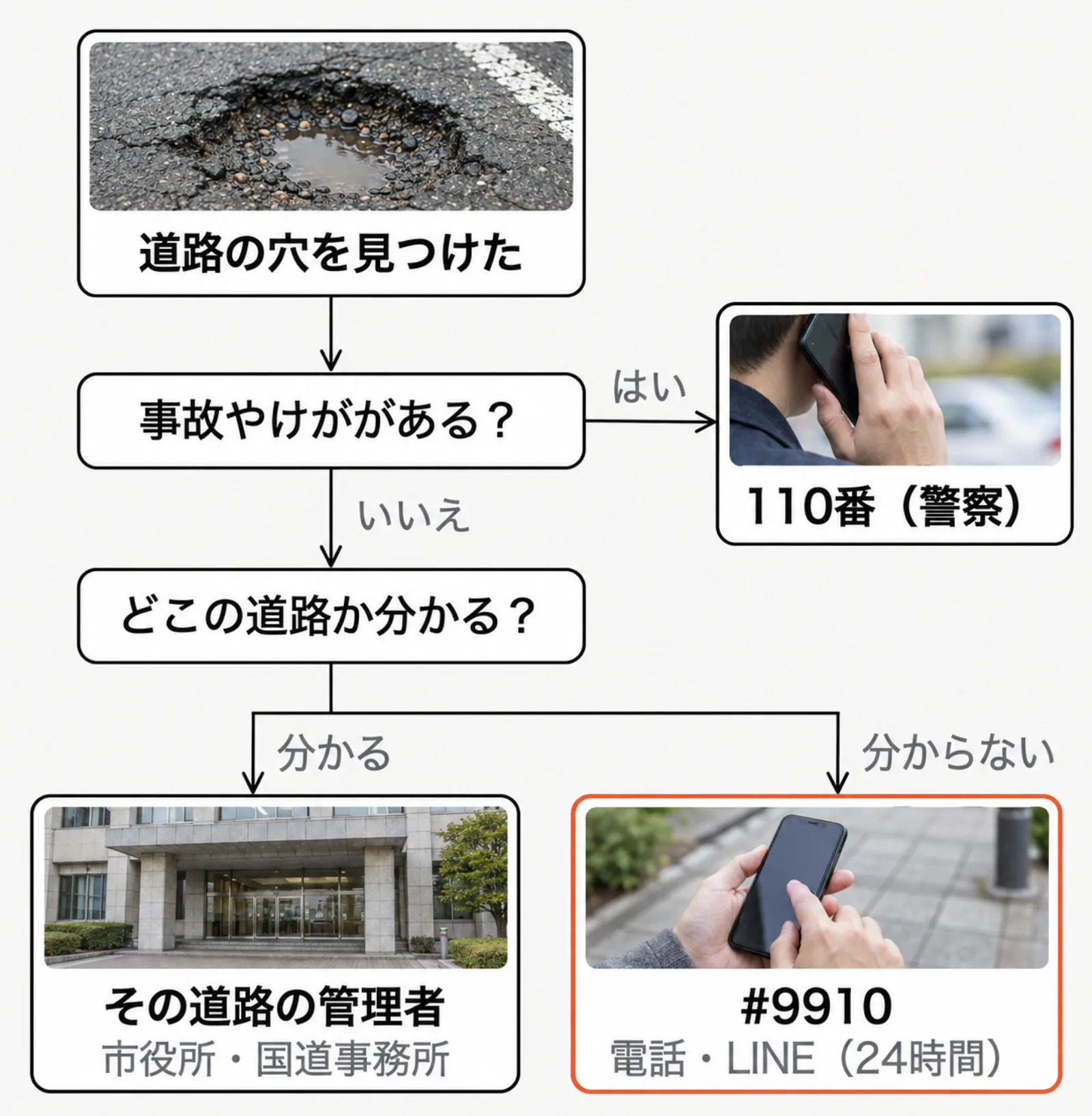道路の穴を見つけたときの連絡先の選び方。事故やけががあれば110番。なければ、どこの道路か分かるときはその道路の管理者(市役所や国道事務所)に、分からないときは道路緊急ダイヤル#9910に電話かLINEで伝える。