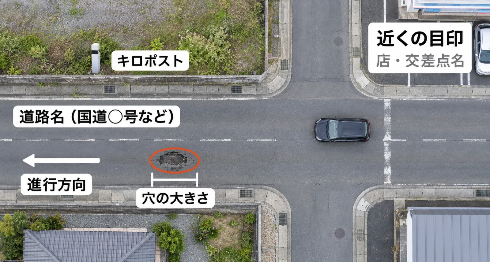 通報するときに伝えることを上から見た図。道路名(国道○号など)、進行方向、道路脇のキロポスト、交差点名や店などの近くの目印、穴の大きさを伝えると、場所を特定しやすい。