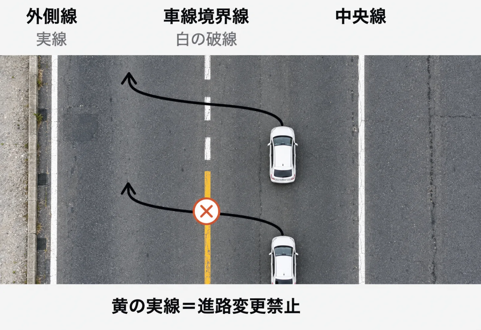 片側2車線の道路を上から見た図。左端に外側線（実線）、車線の間に車線境界線（白の破線）、右端に中央線がある。車線境界線が途中から黄の実線に変わり、そこを越えて車線を変える矢印に×が付いている。