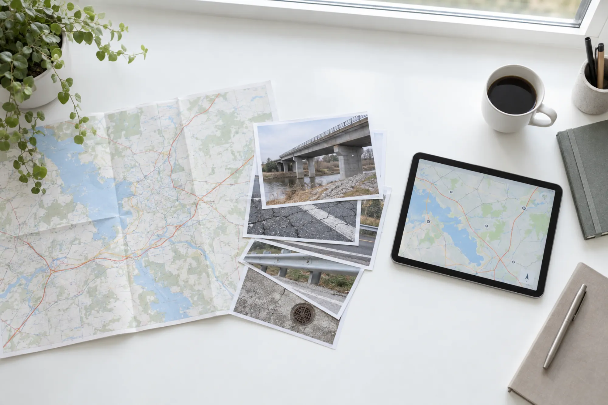 白い机の上に広げた道路地図と点検写真、タブレット
