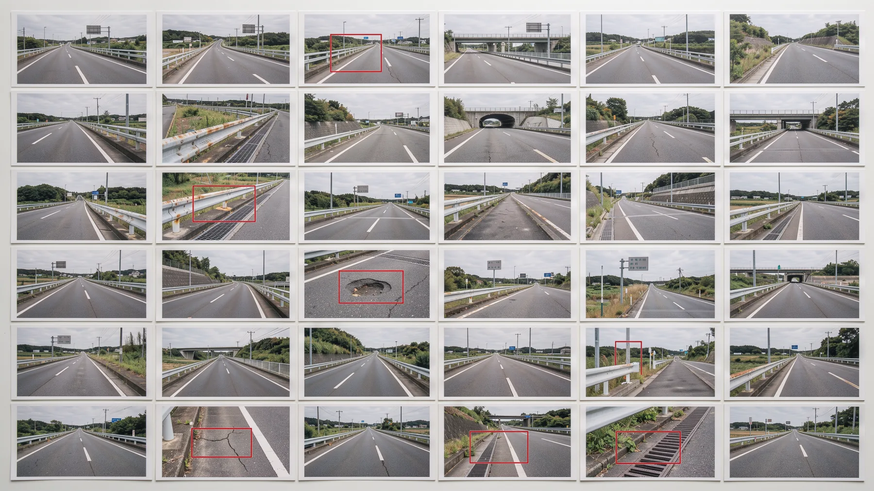 白い台の上に、道路や高速道路の写真がたくさん並んでいる。そのうち、ひび割れ・穴・ガードレールの錆・排水ますなどが写った数枚だけが、赤い枠で囲まれている（イメージ）