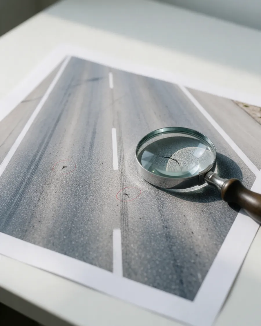 白い机の上の、道路を真上から写した大きな写真。ルーペが路面の細いひび割れを拡大し、ほかの小さな傷も赤い線で囲まれている(イメージ)